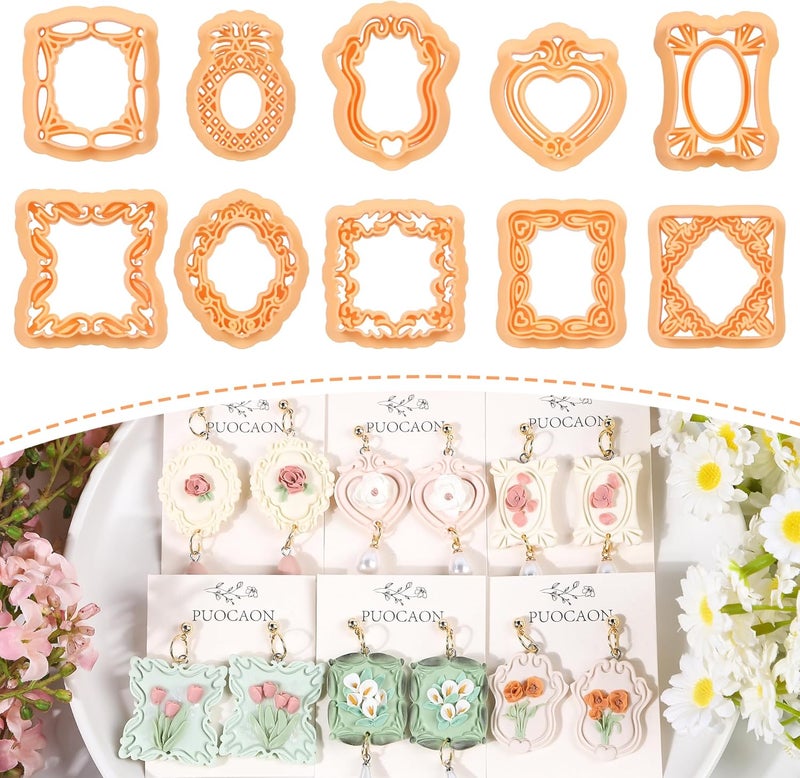 Puocaon Vintage Frames Clay Cutters - 10 Pcs Boho Polymer Clay Cutters, Frame Window Pineapple Shape Cutter Kit for Jewelry Earring Necklace Making - Image 1